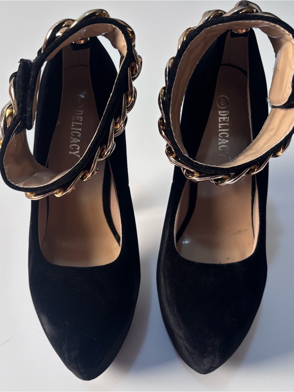Delicacy Black Suede Pointed Toe Pumps with Gold Chain Ankle Strap